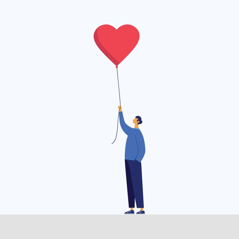 Valentine's Day Minimalist Illustration of Person with Heart Balloon on a solid white background vector