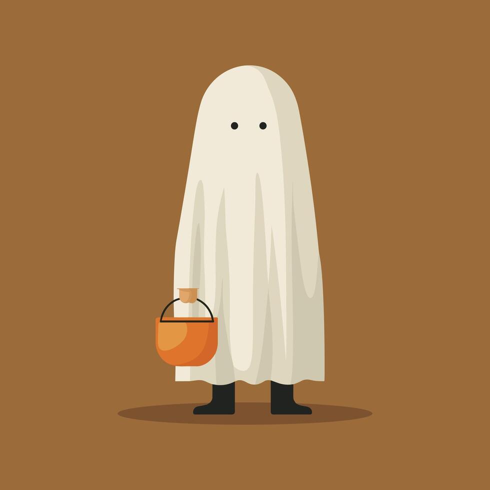 Simple flat illustration of person in ghost costume carrying pumpkin bucket vector