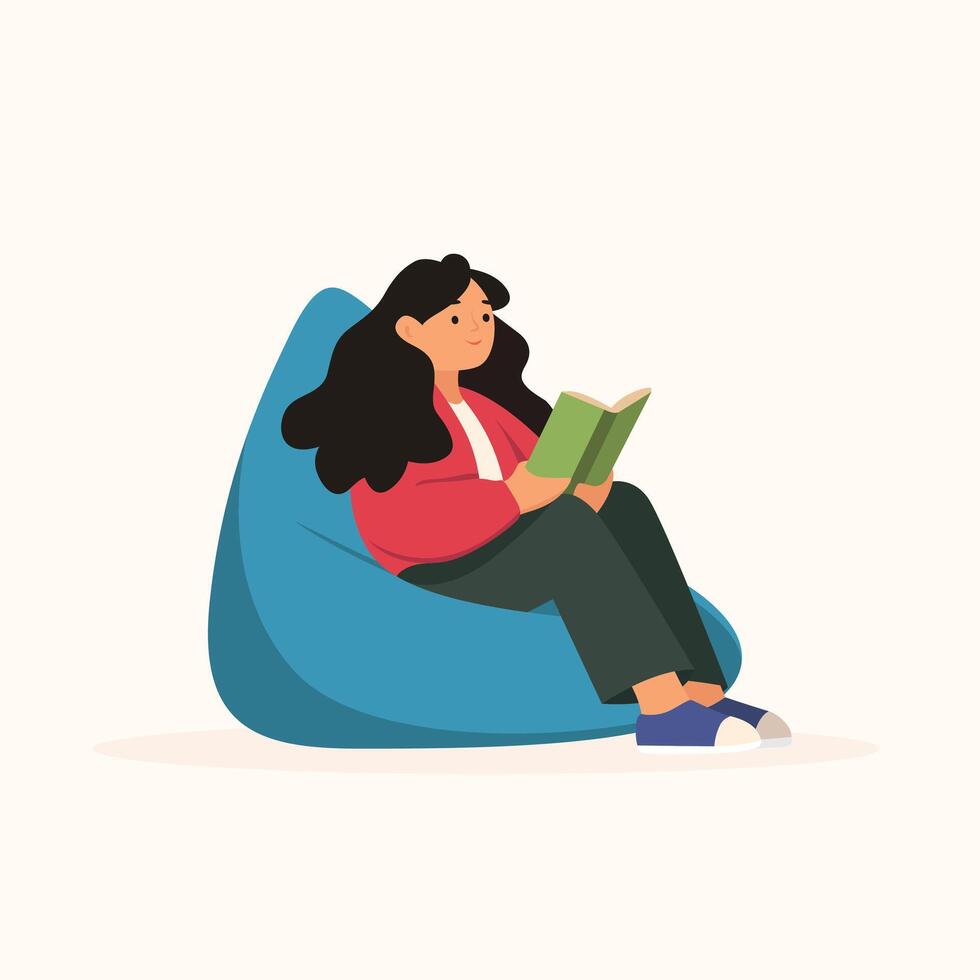 Flat Design Girl Immersed in Book on Beanbag vector