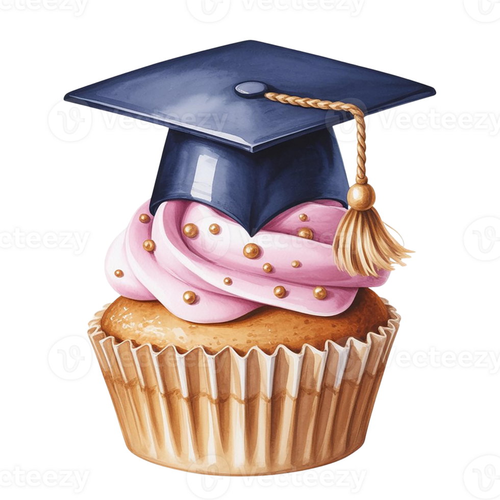 Graduation cupcake with pink frosting and a graduation cap. png