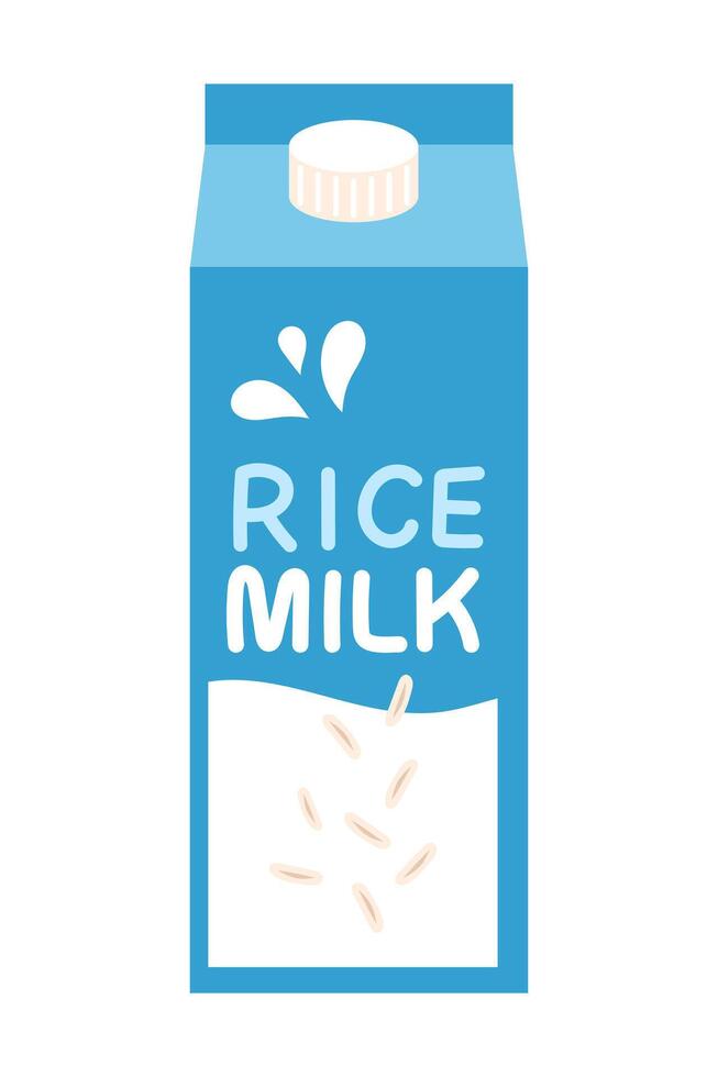 Rice milk carton package in cartoon flat style. Alternative milk. vector