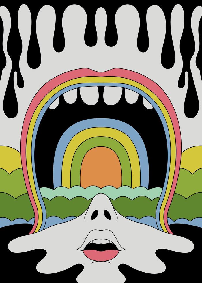 Surreal Psychedelic Face with Melting Drips and Rainbow Landscape vector