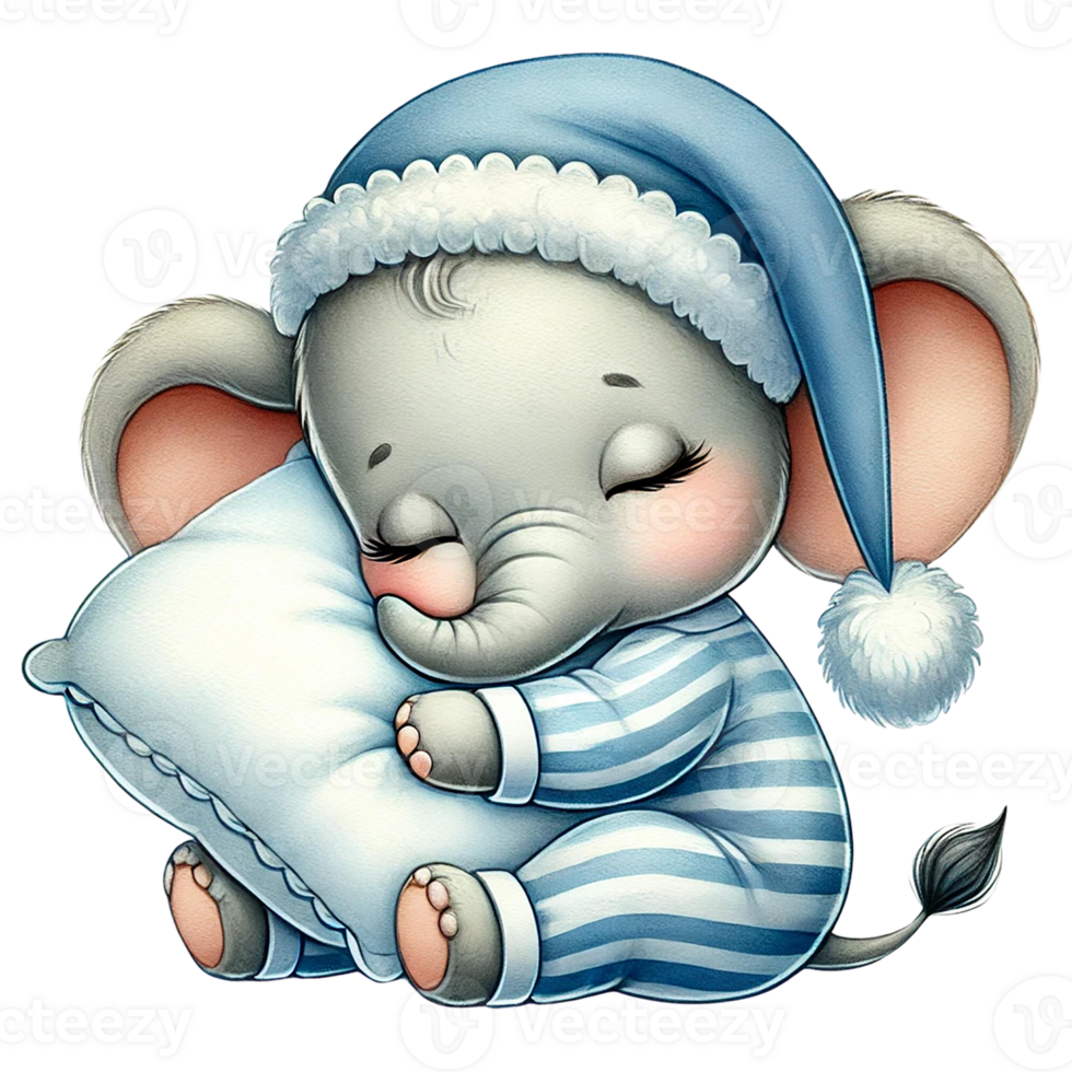 A cute baby elephant sleeping with a pillow and pajamas. png