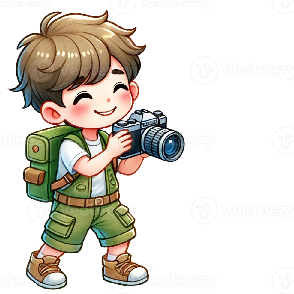 A cheerful boy with a camera enjoying outdoor photography. png