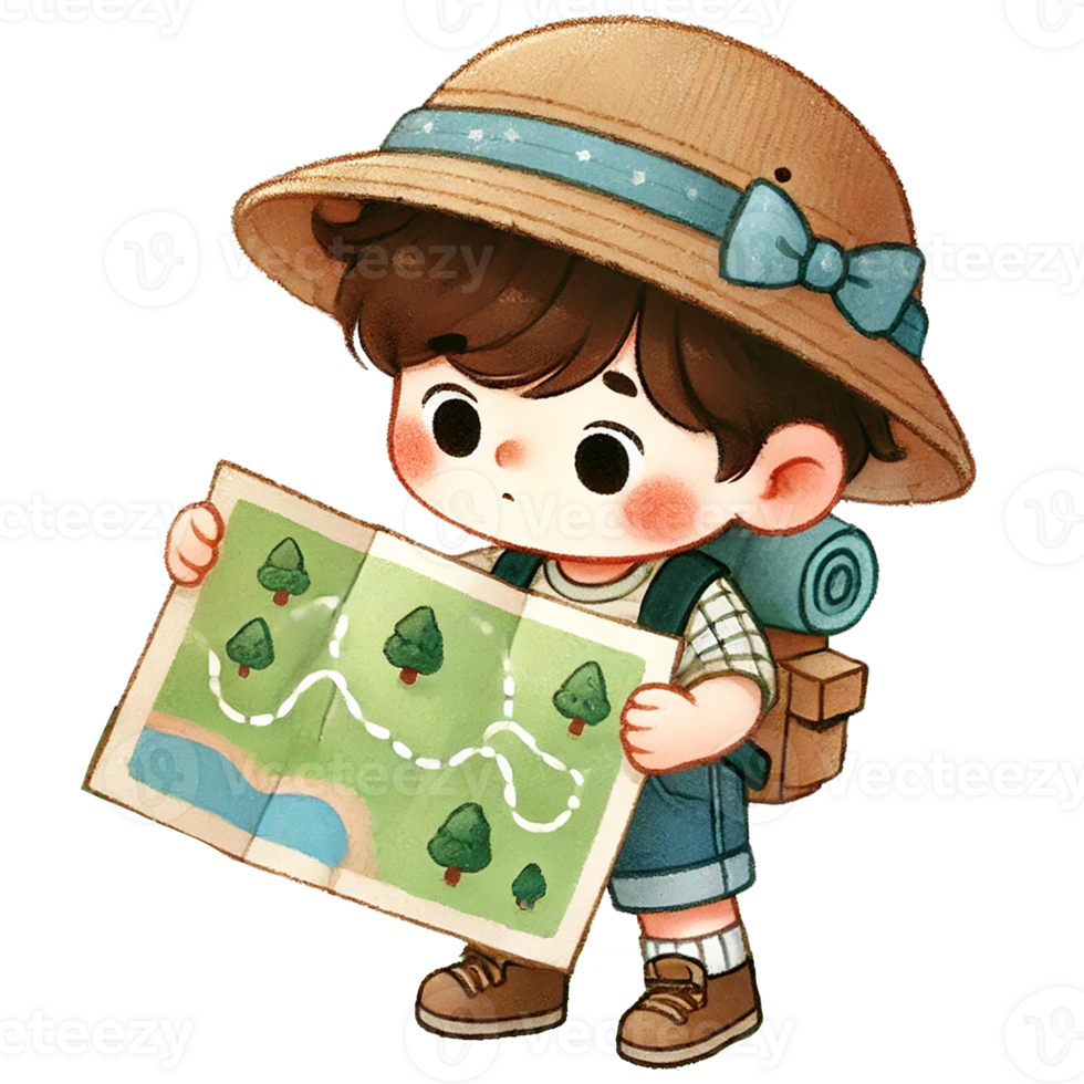 Child exploring nature with a map, ready for adventure. png