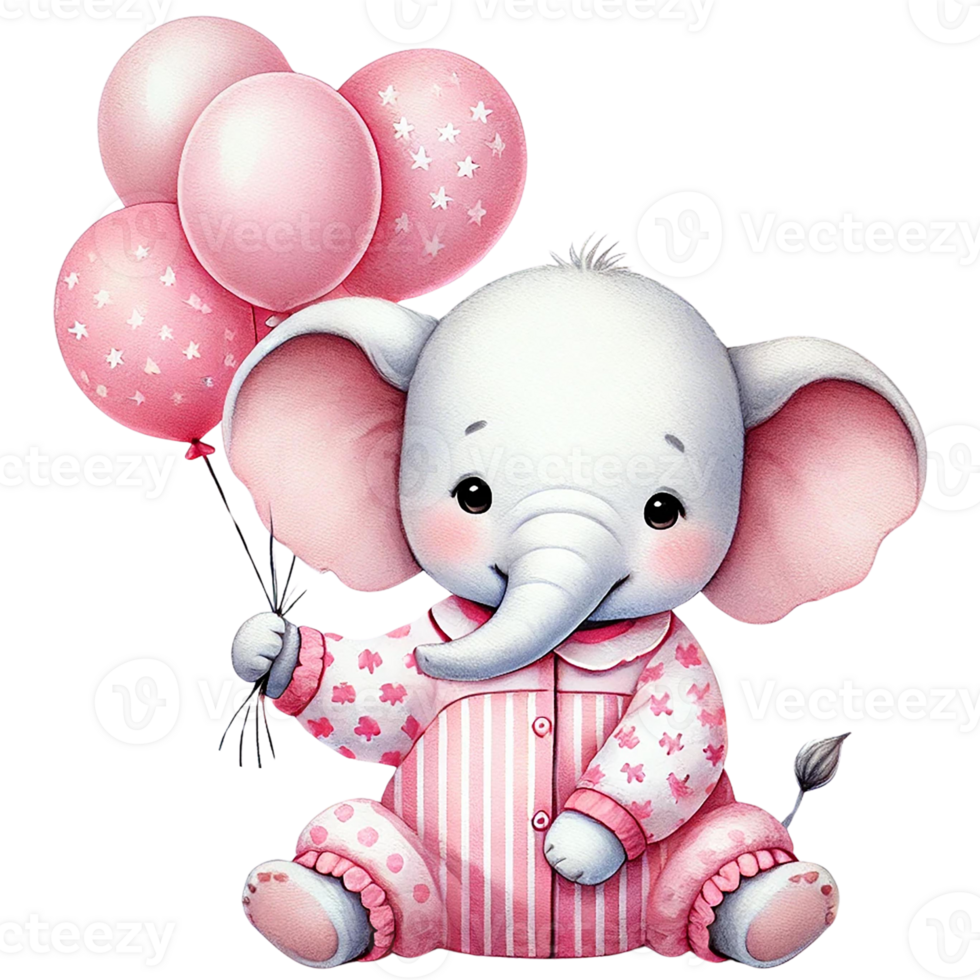 Cute elephant character holding pink balloons in colorful attire. png