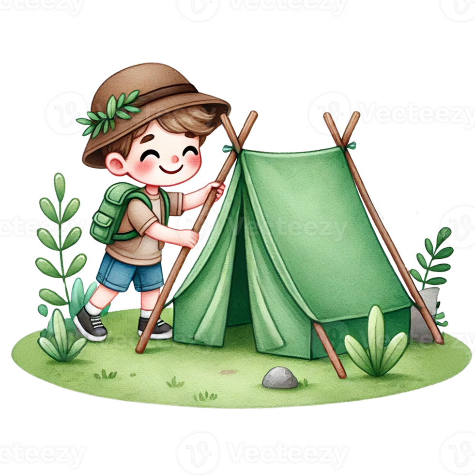 A cheerful boy camping and setting up a green tent in nature. png