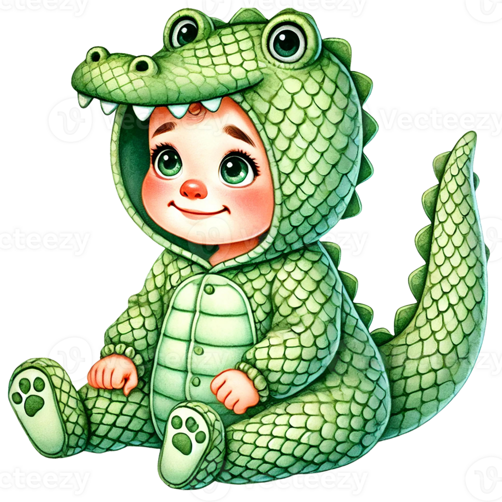 Cheerful child in crocodile costume, embodying fun and playfulness. png