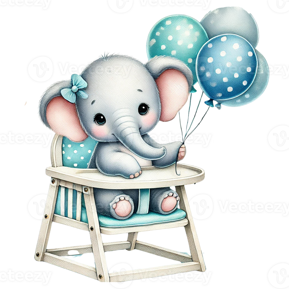 Cute baby elephant with balloons in a high chair png