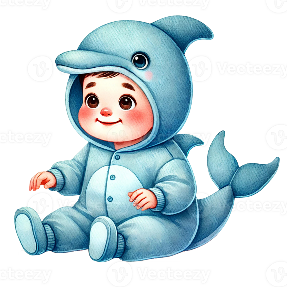 Cute baby in dolphin costume, playful and joyful expression. png