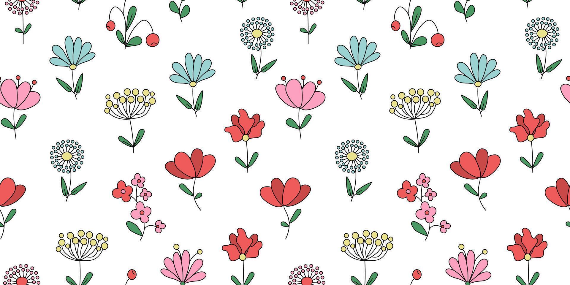 Seamless pattern with abstract brightly colored flowers, berries, leaves. Floristic set of simple drawings of plants, doodle. Repeating background. vector