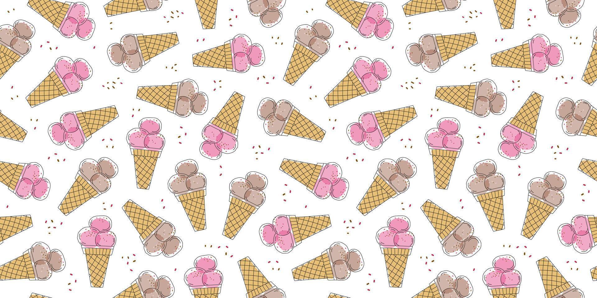 Summer pattern with ice cream. Waffle ice cream cone, ice dessert chocolate and fruity. Food, doodle, line icon. Seamless background. vector