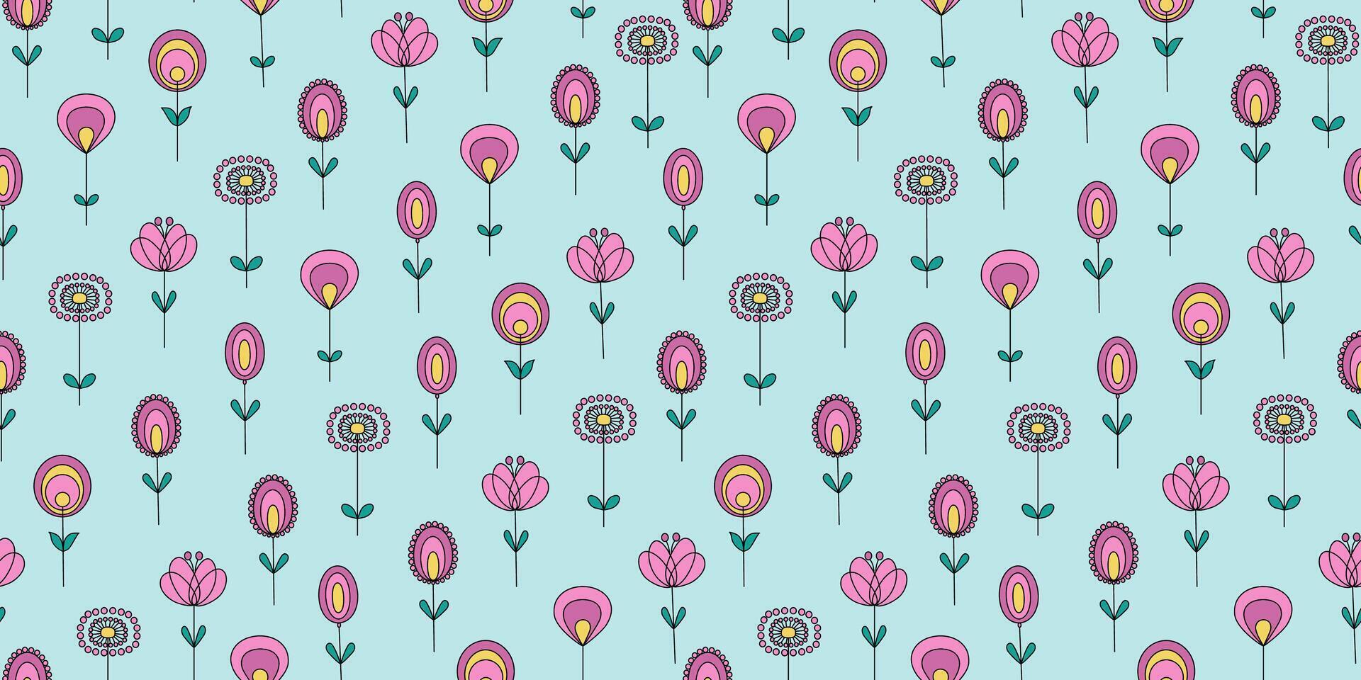 Abstract flowers, leaves. The pattern is seamless. Set of brightly colored simple plant patterns. Illustration, doodle, repeating background. vector