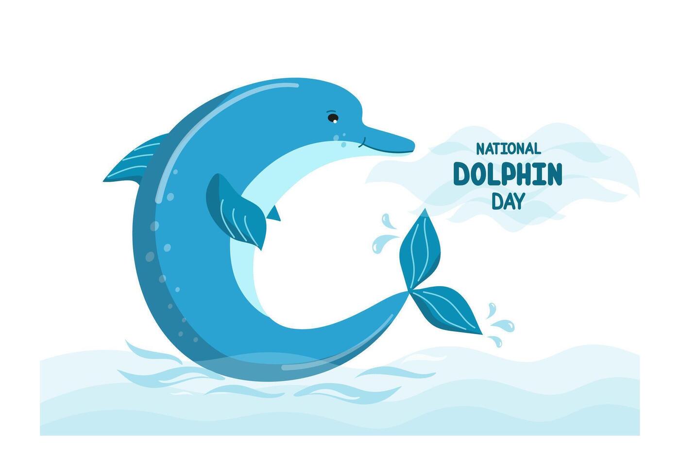 Dolphin in the water, ocean, sea. National Dolphin Day. Flat design banner, poster, flyer with hand lettering. World Aquatic Animals Day. Poster with typography about preserving the environment. vector