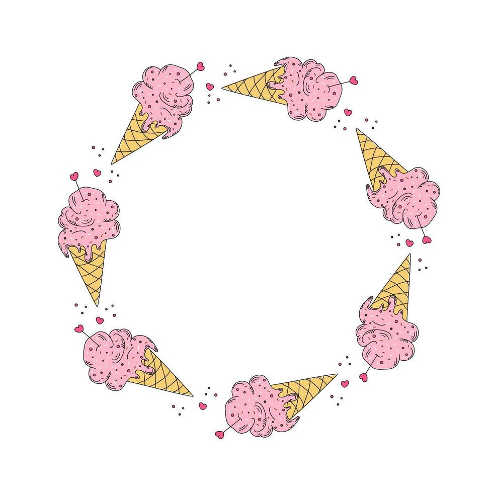 Frame, ice cream. Food, dessert. Waffle cone. Hand drawn line icon, drawing, doodle. Background with space for text, white isolated. vector