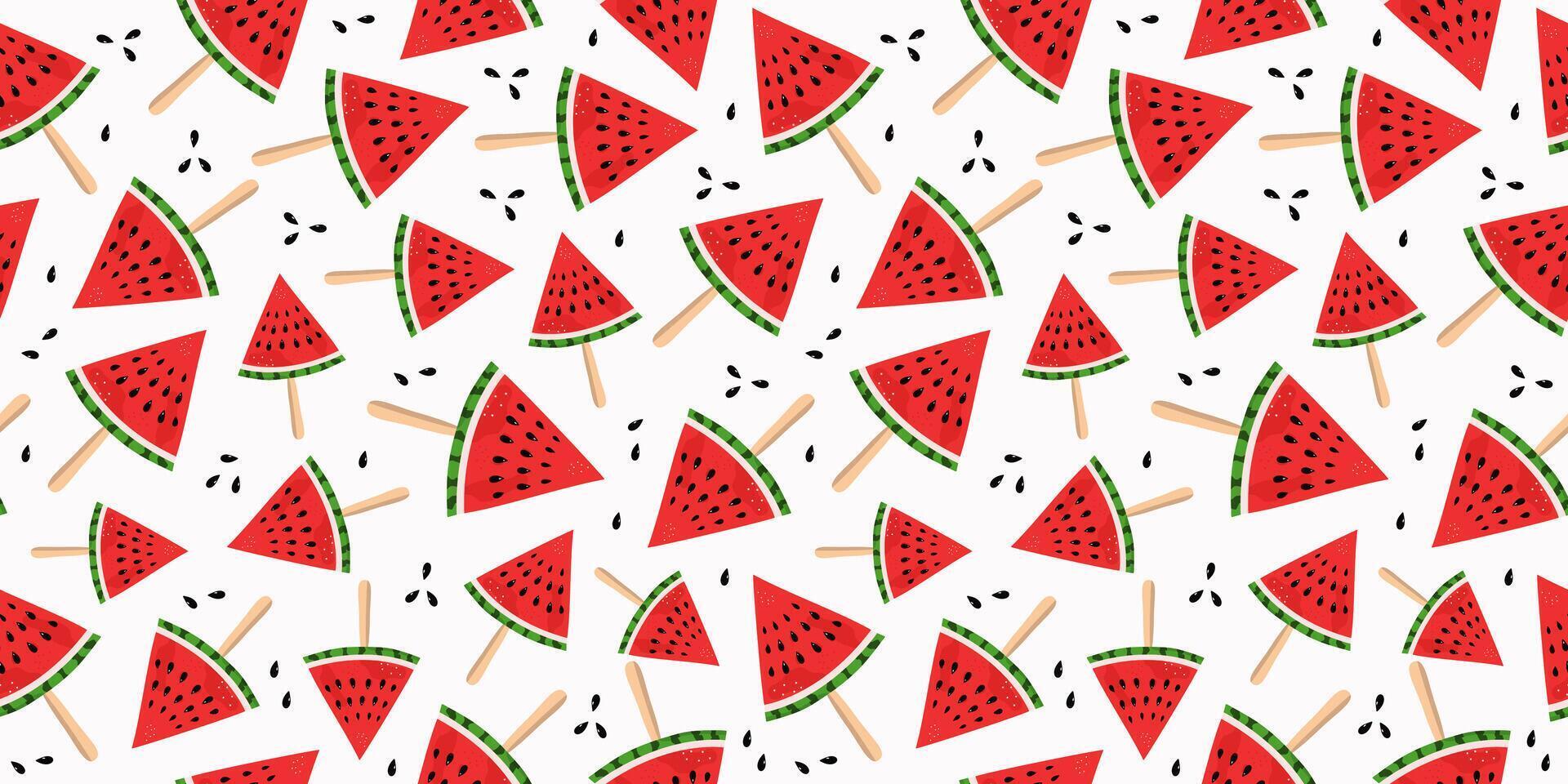 Summer pattern, seamless. Watermelon, slices of food. Cut juicy fruits, berries. Cold dessert. Diet food. Repeating background. vector