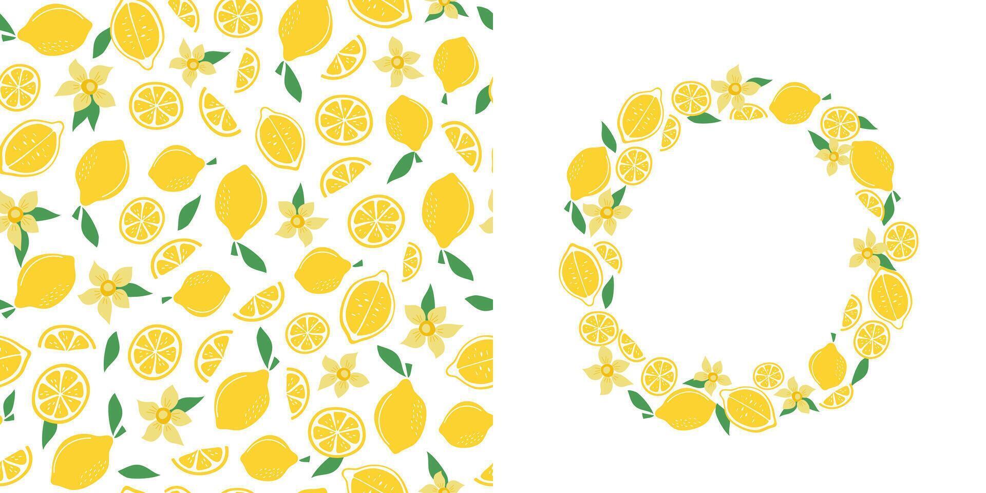 Lemons pattern with simple abstract fruits. Wreath, frame, template. Summer seamless background. Citruses, food. Flat style, print for textile, fabric, paper, wallpaper, packaging. Place for text vector