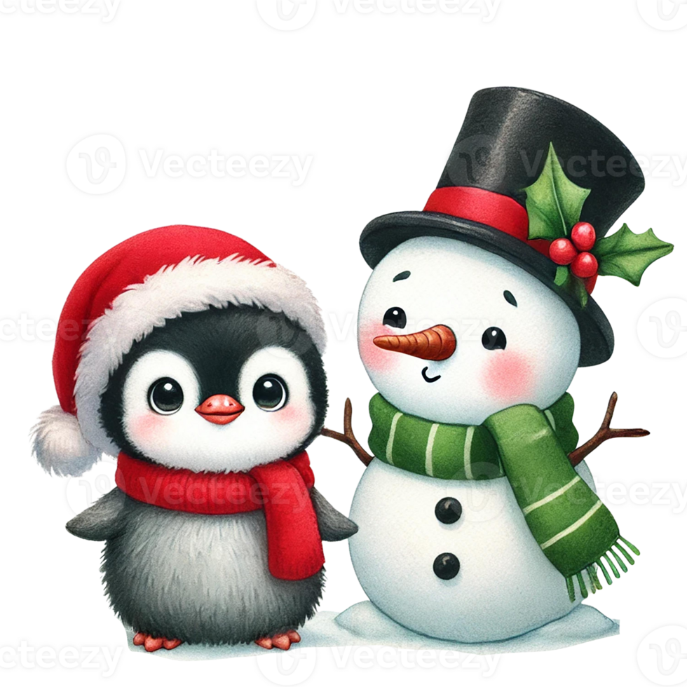 Cute penguin and snowman celebrating the festive winter season. png