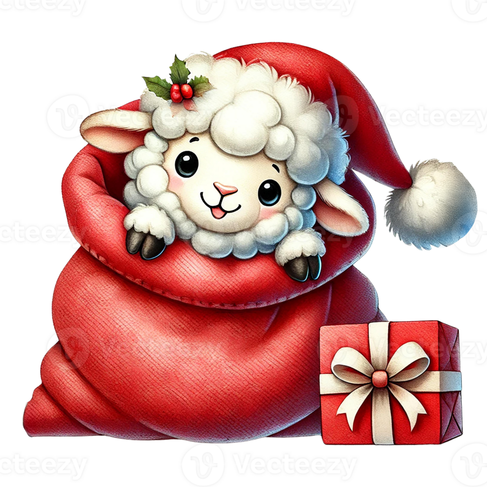 A cute sheep wearing a Santa hat, peeking from a red sack. png