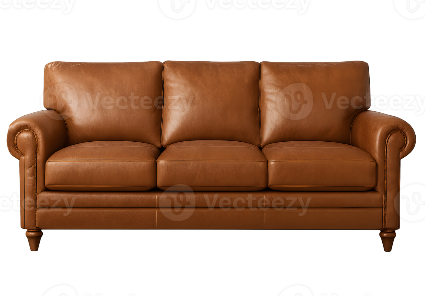 Comfortable brown leather sofa with classic rolled arms and cushioned seats png