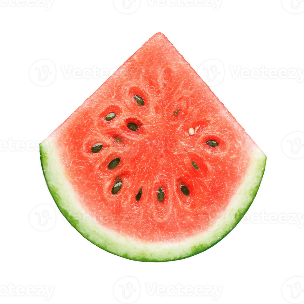 A fresh, juicy slice of watermelon featuring vibrant red flesh and black seeds, surrounded by a lush green rind, perfect for summer refreshment and healthy snacking. png