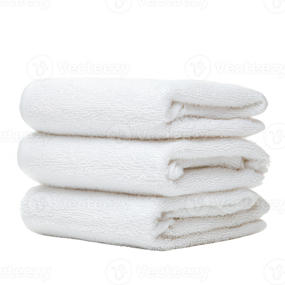 A neatly stacked arrangement of three fluffy white towels, perfect for a spa or bathroom setting, showcasing a clean and fresh aesthetic. png