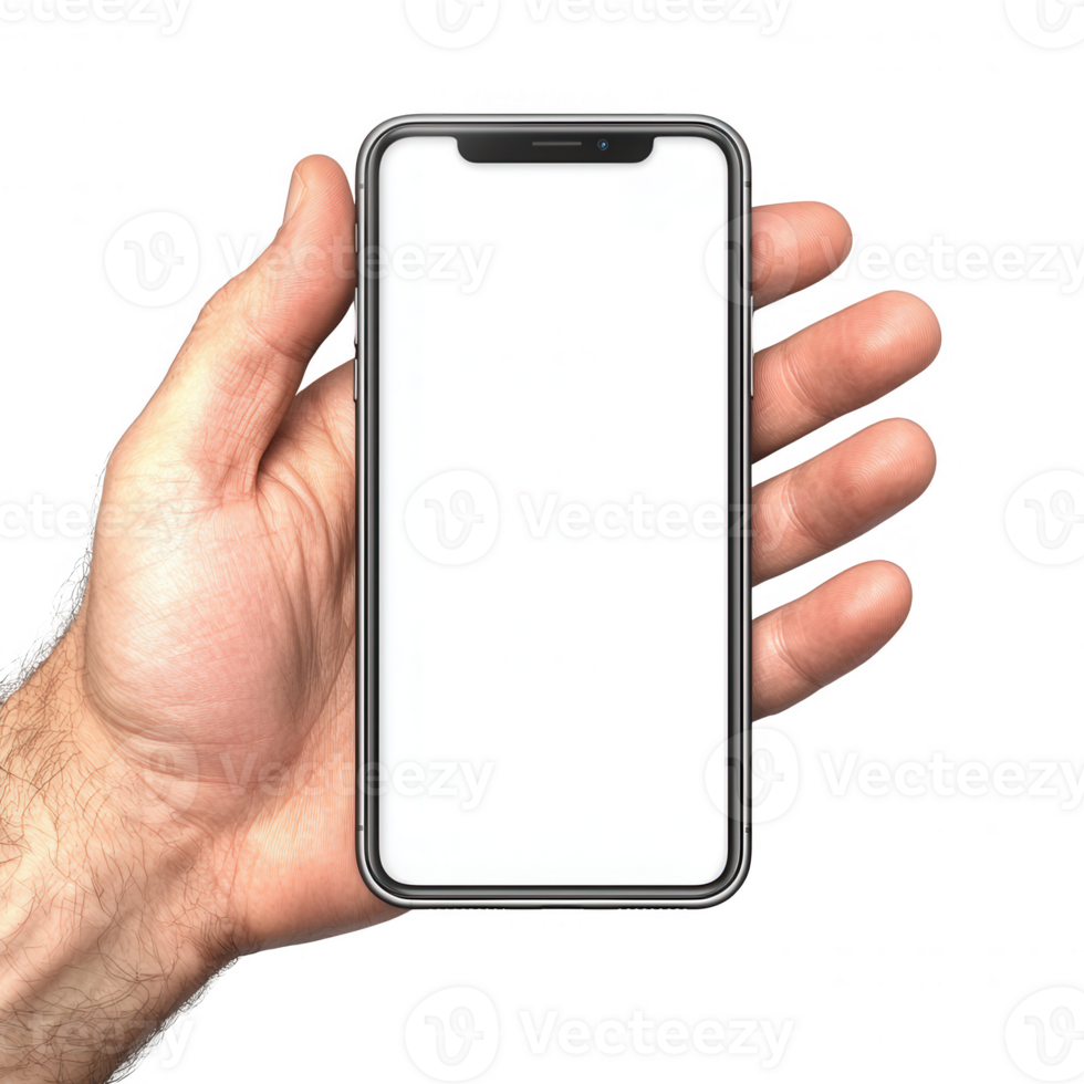 A hand holding a modern smartphone with a blank white screen, isolated on a transparent background. Ideal for showcasing mobile applications or digital content. png