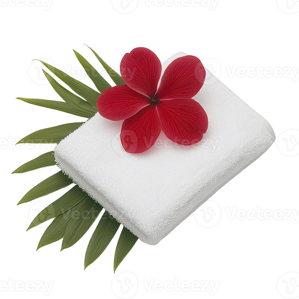 A pristine white towel adorned with a vibrant red flower and green leaves, ideal for spa or relaxation themes, set against a clean background. png