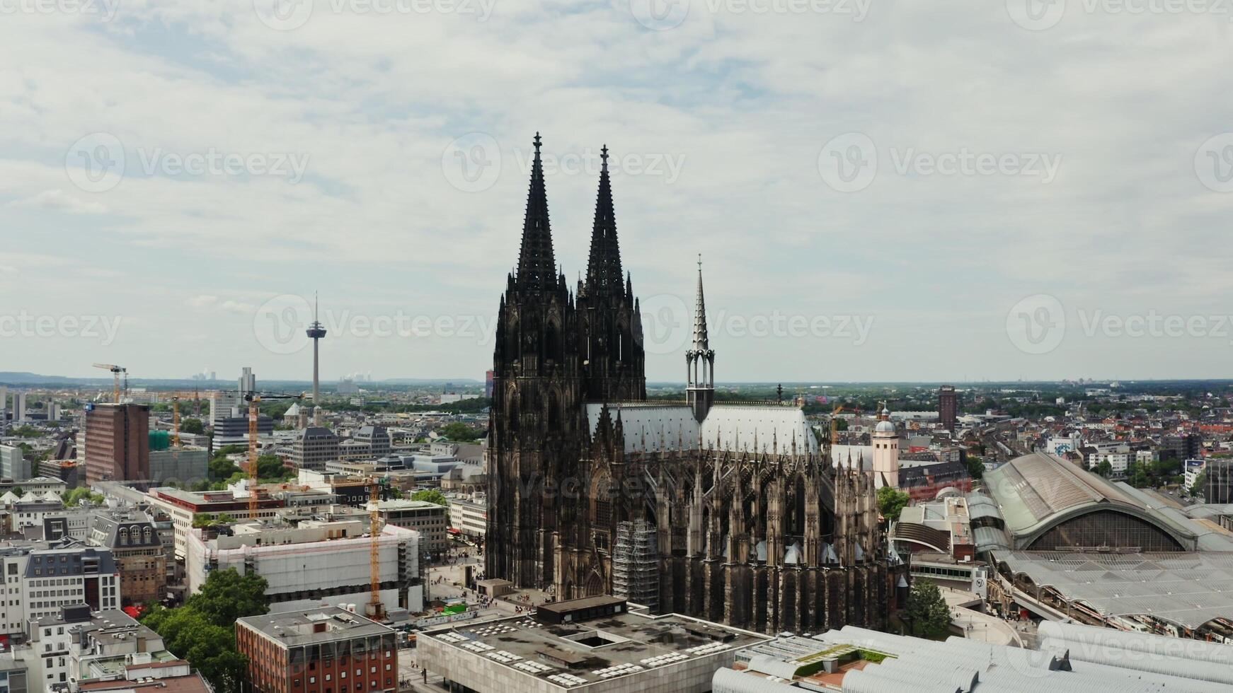 Panoramic view of St. Peter's Cathedral in historic center of Cologne from a bird's eye view. Drone in an old German city. photo
