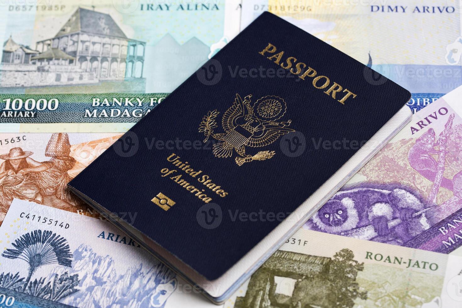 American passport on Malagasy money Arriary photo