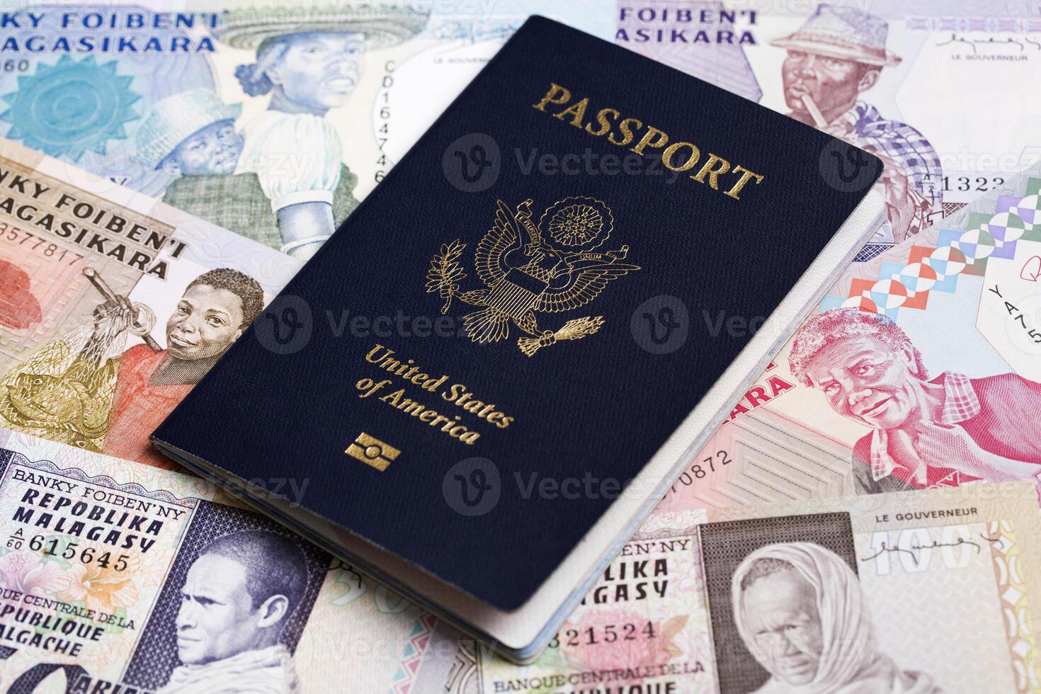 American passport on old Malagasy Arriary photo