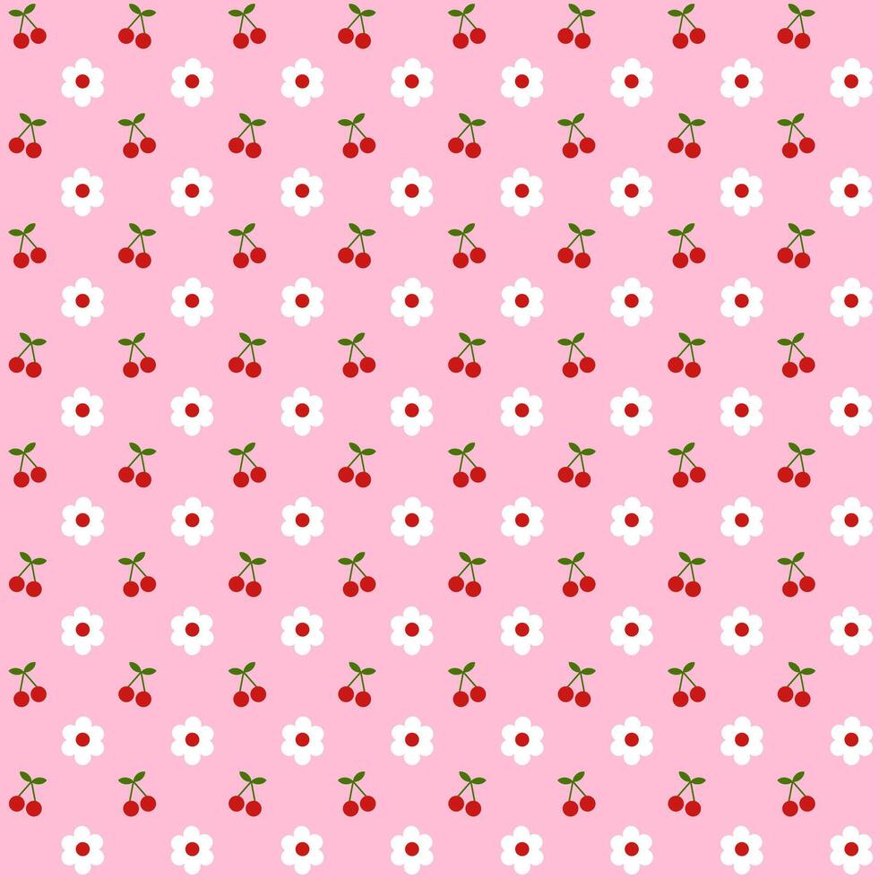 Seamless pattern with red cherry, green leaves and white flower on pink background.Surface for textile or texture.Decoration ornament.Wrapping paper.Summer or spring. vector