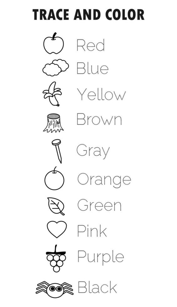 A printable black and white worksheet for kids to trace and learn color basic.Coloring book pages.Preschool and kindergarten early education.Kindergartens game or activities. vector