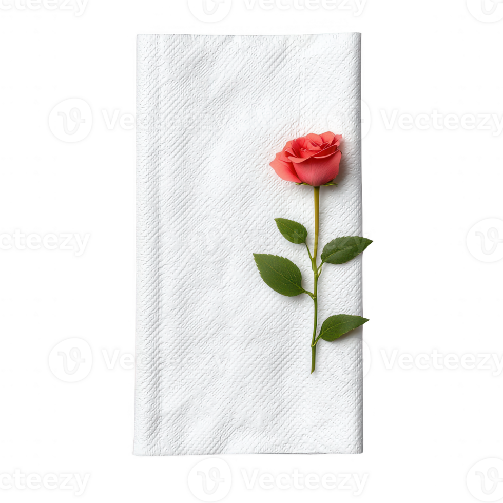 Elegant table setting featuring a pink rose on a white napkin, ideal for adding a touch of romance to special occasions or events. png