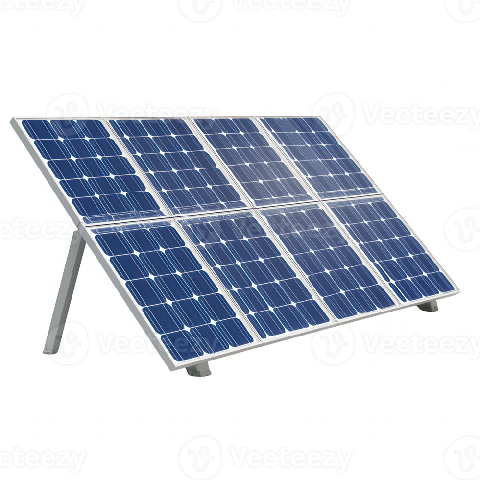 Solar panel on a metal frame, designed to capture sunlight for energy generation. Ideal for renewable energy solutions and sustainable living. png