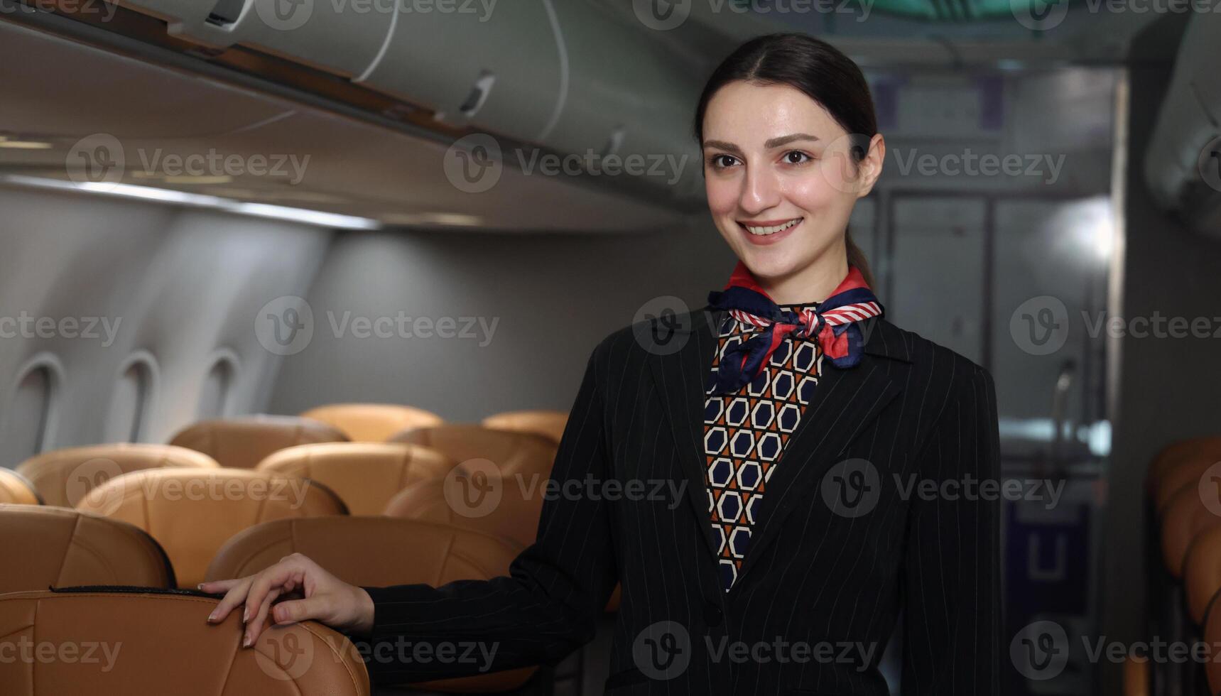 A friendly flight attendant stand confidently inside an airplane cabin photo