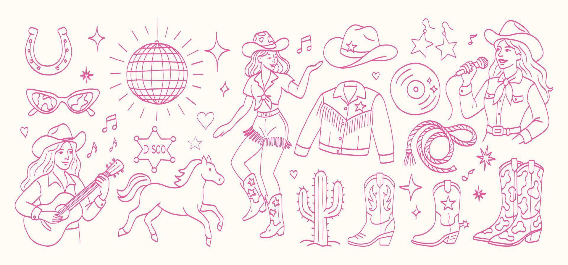A woman is playing a guitar and a horse is standing next to her. There are other people and objects in the background, such as a microphone and a cowboy hat vector
