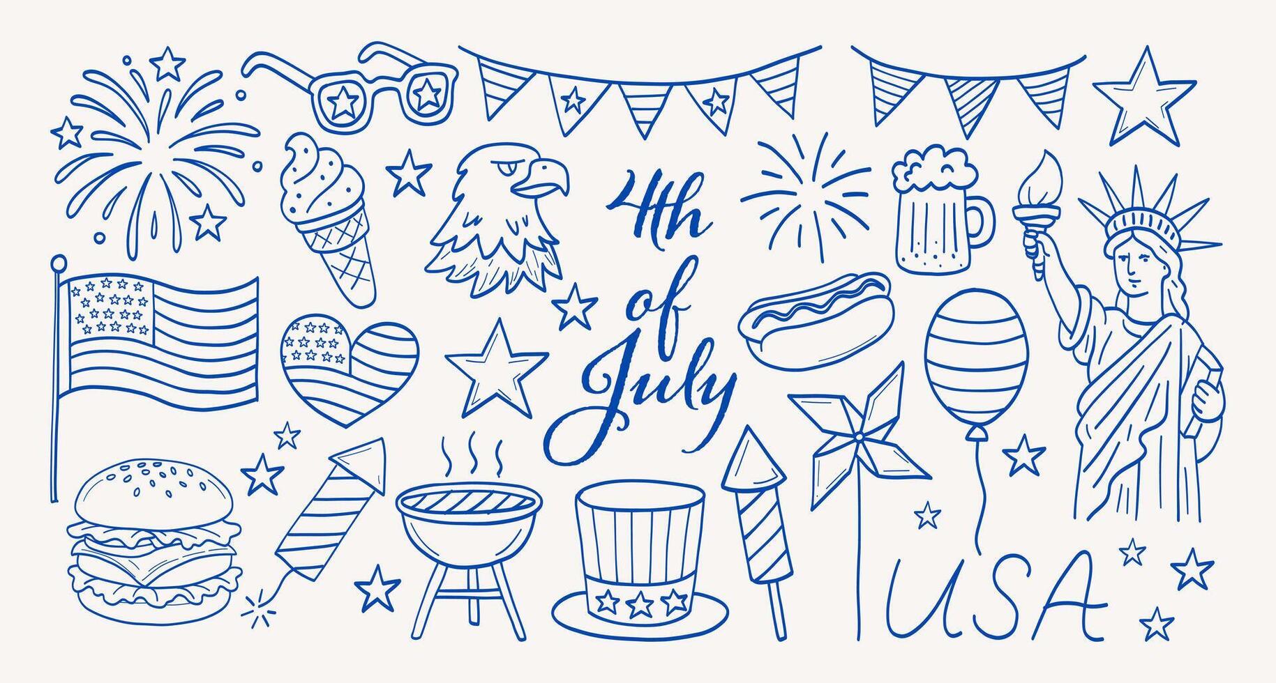 A blue and white drawing of a patriotic scene with a patriotic flag, an American flag, and a patriotic theme vector