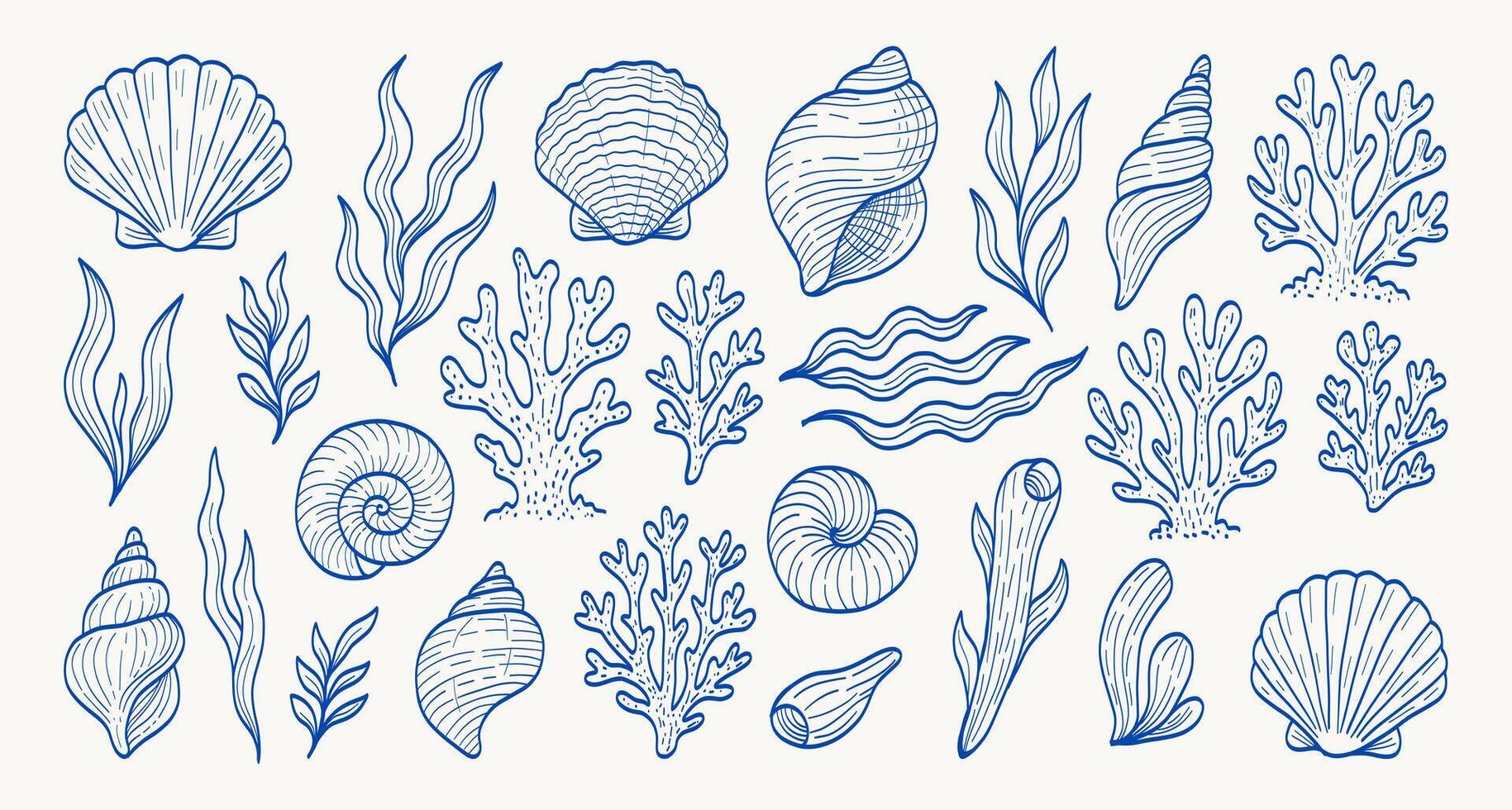 A blue and white drawing of various sea creatures including shells, seaweed, and coral. The drawing has a calming and serene mood, with the blue and white colors creating a sense of tranquility vector