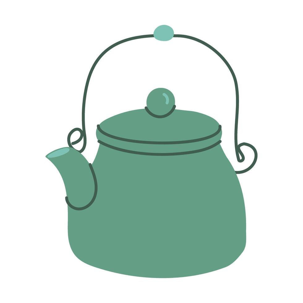 A green tea kettle with a handle and a lid. The handle is made of metal and the lid is made of metal as well vector
