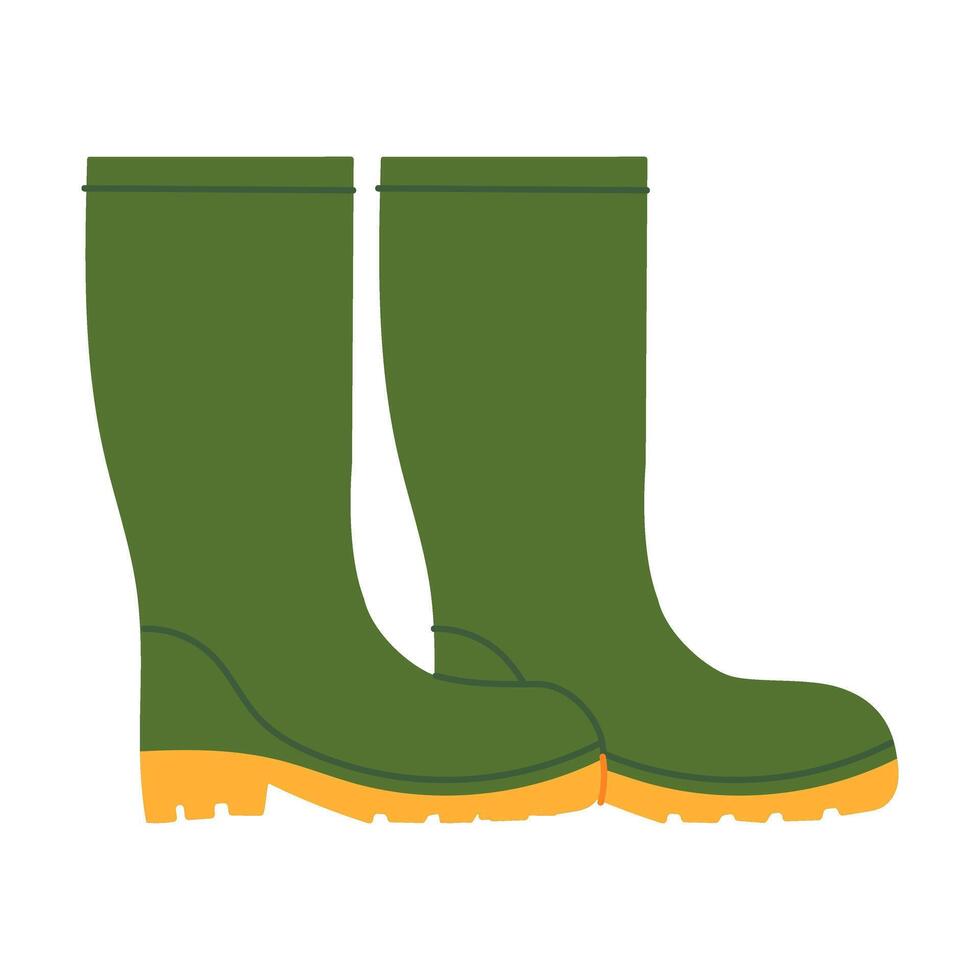 Two green rain boots with yellow soles. They are standing next to each other vector