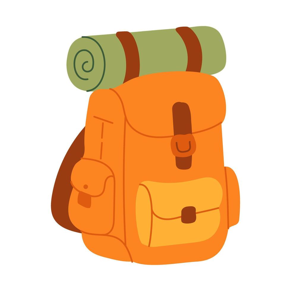 A cartoon backpack with a green sleeping bag on top. The backpack is orange and has a brown strap vector