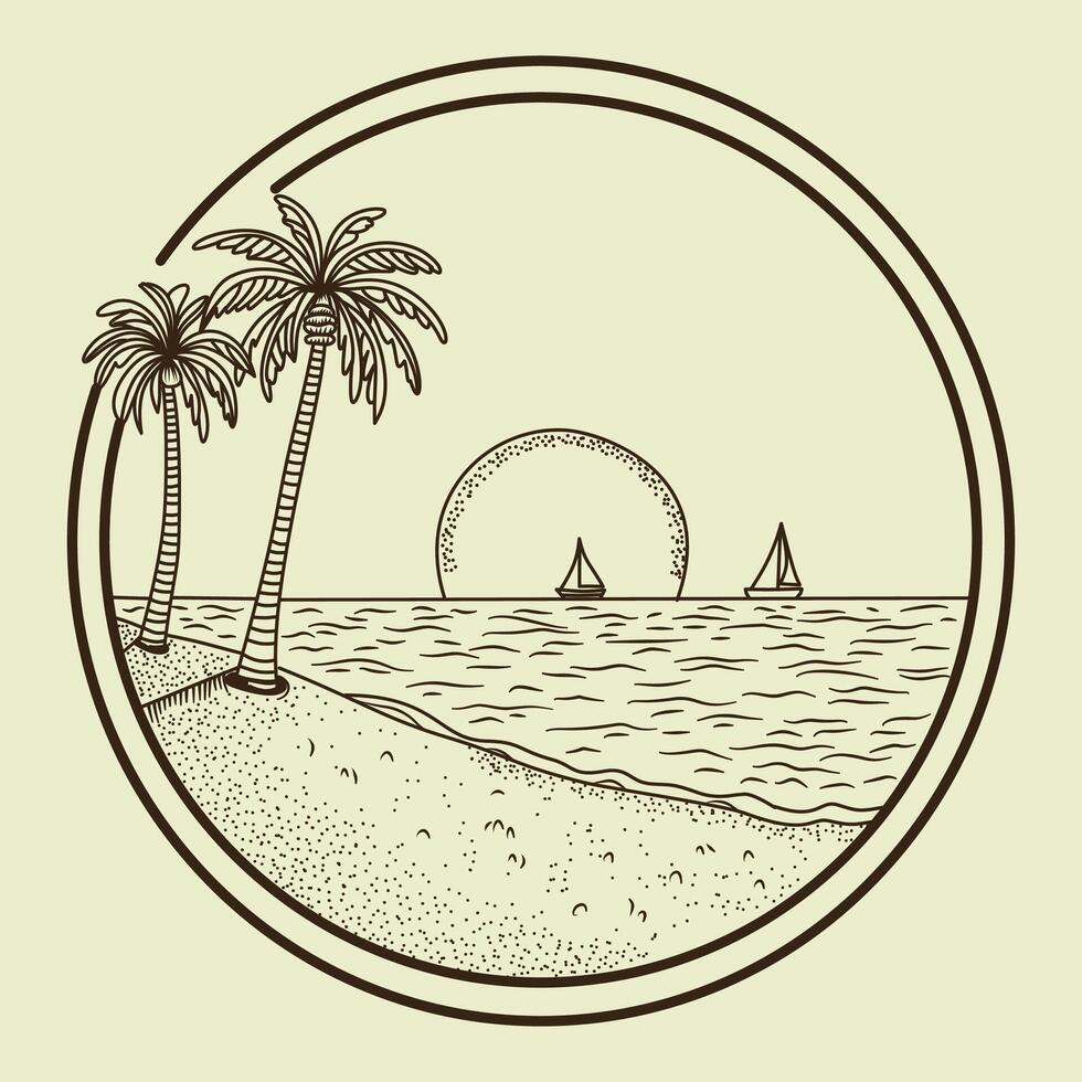 Line art illustration of a tropical beach with palm trees, a setting sun over the ocean, and two sailboats. A minimalist and clean design perfect for vacation, summer, or coastal themes. vector