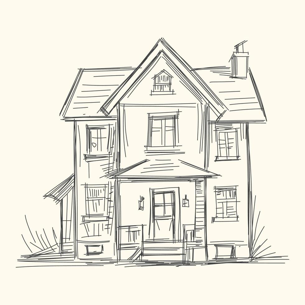 Hand-drawn sketch of a two-story house with a porch, featuring a pitched roof, chimney, and multiple windows, ideal for architectural or home design illustrations. vector