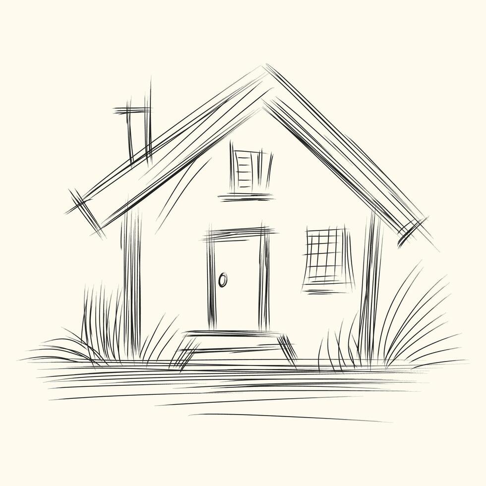 Hand-drawn sketch of a simple house with a pitched roof, chimney, and windows, surrounded by grass, capturing a minimalist and cozy home design. vector