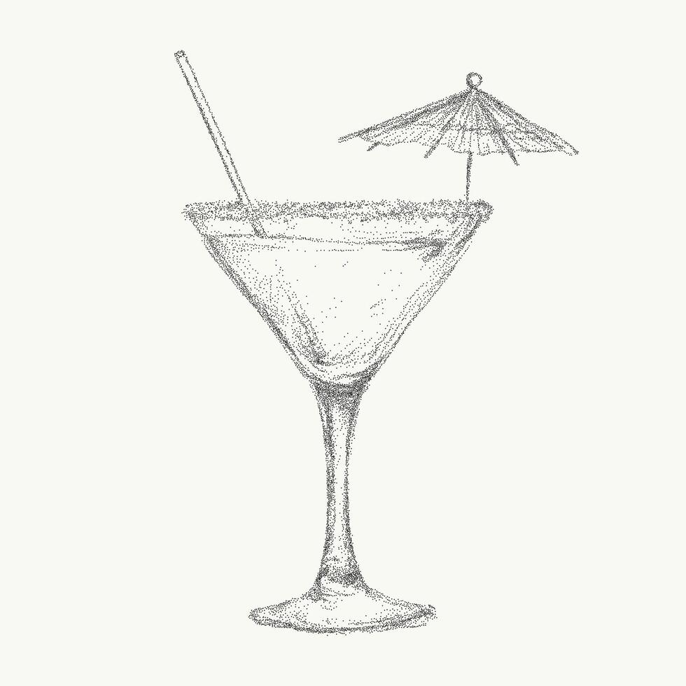 Summer aperitivo and cozy cafe cocktail in Italian style, illustrated with vintage ink sketch. Noisy gritty dot halftone effect and retro pop art stipple texture. vector