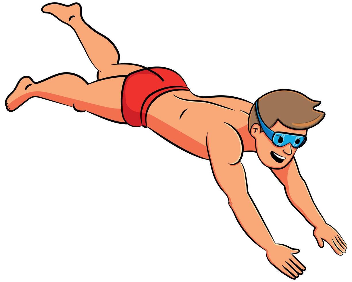 Cartoon man in swimming trunks diving, social media phrase - lets dive in concept, Summer graphic element vector