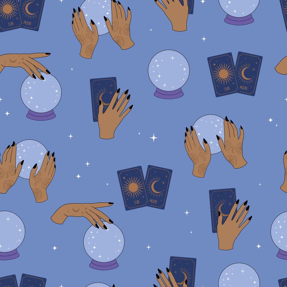 Magic ball and witch hands flat seamless pattern vector