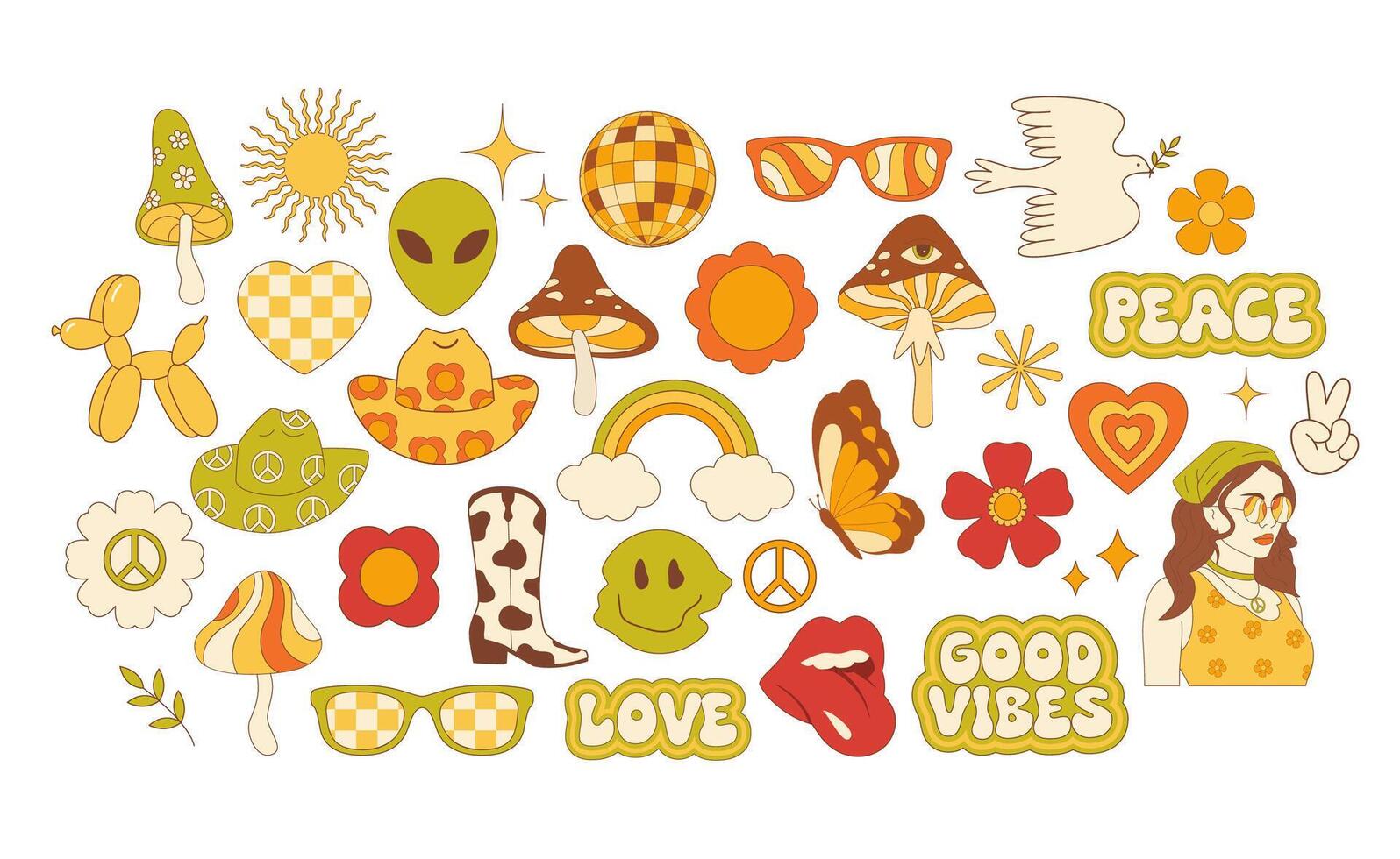 Groovy hippie set. Flat style vector