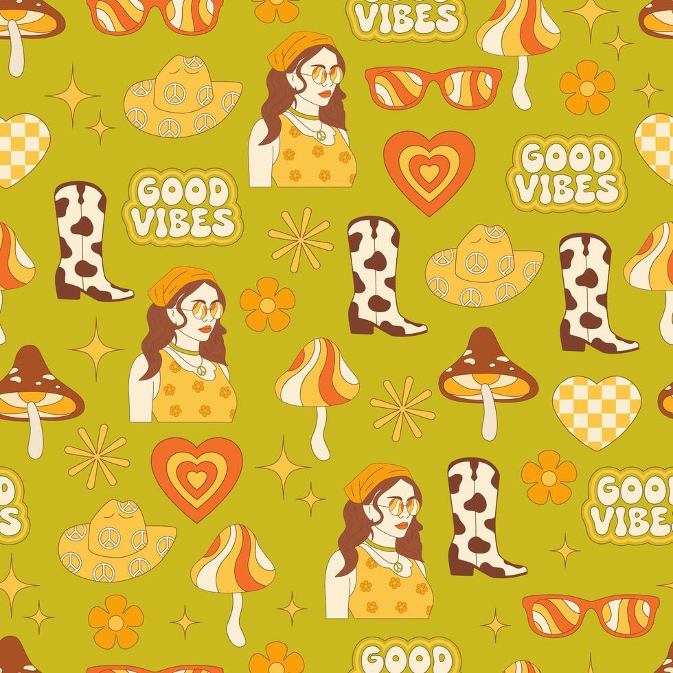 Groovy hippie seamless pattern green vector